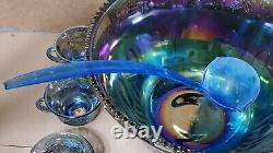 VINTAGE INDIANA IRIDESCENT BLUE CARNIVAL GLASS PRINCESS PUNCH BOWL SET w 12 CUPS