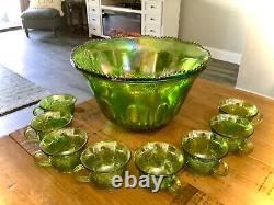 VINTAGE IRIDESCENT GREEN CARNIVAL INDIANA GLASS PUNCH BOWL SET With 8 CUPS