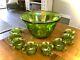VINTAGE IRIDESCENT GREEN CARNIVAL INDIANA GLASS PUNCH BOWL SET With 8 CUPS