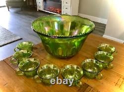 VINTAGE IRIDESCENT GREEN CARNIVAL INDIANA GLASS PUNCH BOWL SET With 8 CUPS