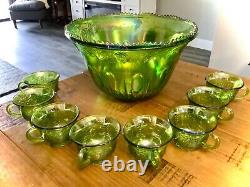 VINTAGE IRIDESCENT GREEN CARNIVAL INDIANA GLASS PUNCH BOWL SET With 8 CUPS