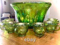 VINTAGE IRIDESCENT GREEN CARNIVAL INDIANA GLASS PUNCH BOWL SET With 8 CUPS