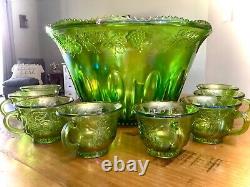 VINTAGE IRIDESCENT GREEN CARNIVAL INDIANA GLASS PUNCH BOWL SET With 8 CUPS