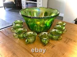 VINTAGE IRIDESCENT GREEN CARNIVAL INDIANA GLASS PUNCH BOWL SET With 8 CUPS