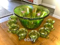 VINTAGE IRIDESCENT GREEN CARNIVAL INDIANA GLASS PUNCH BOWL SET With 8 CUPS