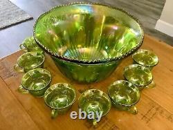 VINTAGE IRIDESCENT GREEN CARNIVAL INDIANA GLASS PUNCH BOWL SET With 8 CUPS