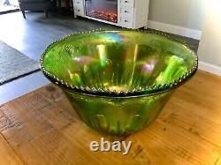 VINTAGE IRIDESCENT GREEN CARNIVAL INDIANA GLASS PUNCH BOWL SET With 8 CUPS