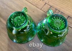 VINTAGE IRIDESCENT GREEN CARNIVAL INDIANA GLASS PUNCH BOWL SET With 8 CUPS