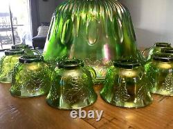 VINTAGE IRIDESCENT GREEN CARNIVAL INDIANA GLASS PUNCH BOWL SET With 8 CUPS