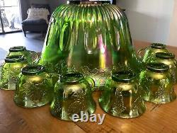 VINTAGE IRIDESCENT GREEN CARNIVAL INDIANA GLASS PUNCH BOWL SET With 8 CUPS