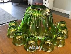 VINTAGE IRIDESCENT GREEN CARNIVAL INDIANA GLASS PUNCH BOWL SET With 8 CUPS