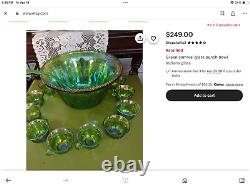 VINTAGE IRIDESCENT GREEN CARNIVAL INDIANA GLASS PUNCH BOWL SET With 8 CUPS