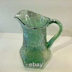 VTG 1991 Fenton Iridescent Sea Mist Green Crackle Carnival Glass Pitcher/Vase