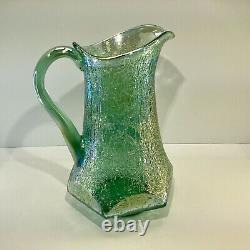 VTG 1991 Fenton Iridescent Sea Mist Green Crackle Carnival Glass Pitcher/Vase