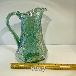 VTG 1991 Fenton Iridescent Sea Mist Green Crackle Carnival Glass Pitcher/Vase