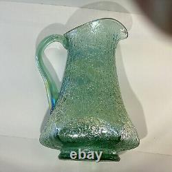 VTG 1991 Fenton Iridescent Sea Mist Green Crackle Carnival Glass Pitcher/Vase