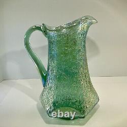 VTG 1991 Fenton Iridescent Sea Mist Green Crackle Carnival Glass Pitcher/Vase