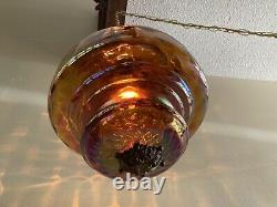 VTG Amber Iridescent Carnival Glass Swag Hanging Light Fixture Lamp Bronze Metal