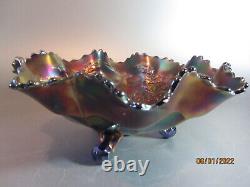 VTG Antique Fenton Blue Stag & Holly Footed Carnival Glass Large Bowl Iridescent