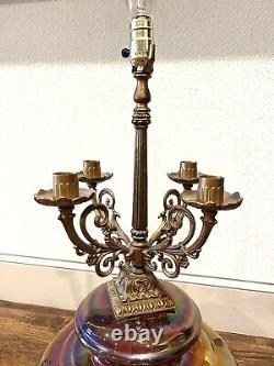 VTG Antique Ornate Iridescent Carnival Marigold Glass Brass Large 31 In Lamp