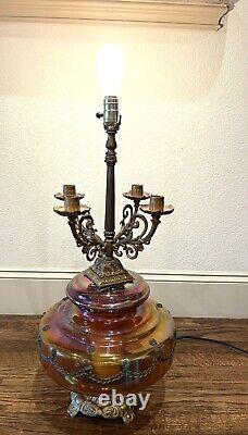 VTG Antique Ornate Iridescent Carnival Marigold Glass Brass Large 31 In Lamp