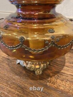 VTG Antique Ornate Iridescent Carnival Marigold Glass Brass Large 31 In Lamp