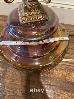 VTG Antique Ornate Iridescent Carnival Marigold Glass Brass Large 31 In Lamp