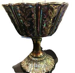 VTG FENTON Carnival Glass Goblet Pedestal No Lid LARGE Green Purple Iridescent