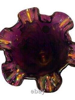 VTG FENTON Glass Purple Amethyst Carnival Iridescent Daffodil Trumpet Vase 7.25