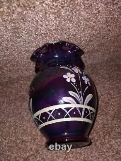 VTG FENTON Glass Purple Amethyst Carnival Iridescent Vase 5.5 hand painted