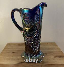 VTG Fenton Art Glass 9 Pitcher Cobalt Marigold Carnival Glass Hobstar Design