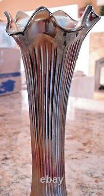 VTG. Fenton Carnival Glass Vase Spear Head 12½ Cobalt Blue Fire Fine Rib Swung
