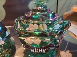 VTG Green Carnival Butterfly Cabbage Glass Bowl & Bell Set HP Sweet White Violet