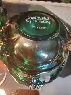 VTG Green Carnival Butterfly Cabbage Glass Bowl & Bell Set HP Sweet White Violet