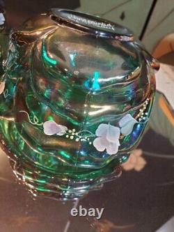 VTG Green Carnival Butterfly Cabbage Glass Bowl & Bell Set HP Sweet White Violet