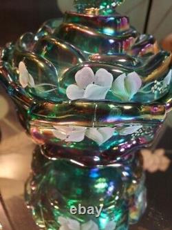 VTG Green Carnival Butterfly Cabbage Glass Bowl & Bell Set HP Sweet White Violet