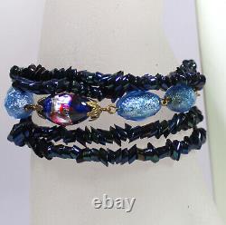 VTG HOBE Blue Iridescent Carnival Art Glass Bead Necklace Bracelet Earrings Set