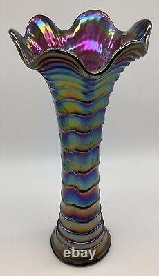 VTG IMPERIAL SWUNG STRETCH RIPPLE AMETHYST CARNIVALl GLASS VASE 12 GORGEOUS