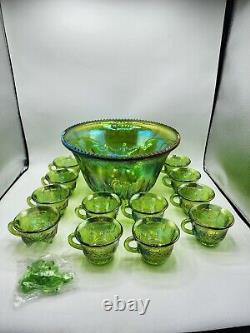 VTG INDIANA CARNIVAL GLASS Lime Green PUNCH BOWL Set with 12 Cups & Hanging Clips