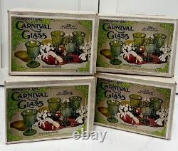 VTG Iridescent Lime Carnival Glass 16 Goblet Set Water/Wine Harvest New In Boxes