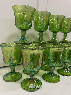 VTG Iridescent Lime Carnival Glass 16 Goblet Set Water/Wine Harvest New In Boxes