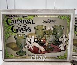 VTG Iridescent Lime Carnival Glass 16 Goblet Set Water/Wine Harvest New In Boxes