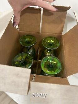 VTG Iridescent Lime Carnival Glass 16 Goblet Set Water/Wine Harvest New In Boxes