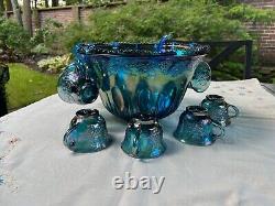 VTG Iridescent Princess Blue Grape Harvest Punch Bowl set Carnival Glass