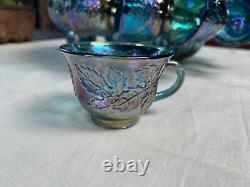 VTG Iridescent Princess Blue Grape Harvest Punch Bowl set Carnival Glass