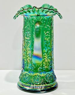VTG Large Fenton Green Opalescent Carnival Glass Pitcher Ruffled Top Bill Fenton