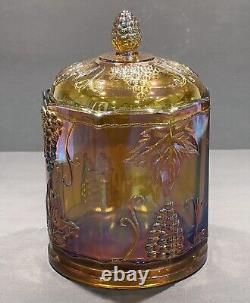 VTG Large Iridescent Indiana Carnival Glass Canister Marigold Harvest Grape 8.5