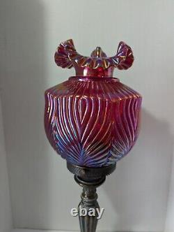 VTG Rare Fenton Ruby Red Carnival Iridescent BEAUTY Art Glass Pillar Lamp