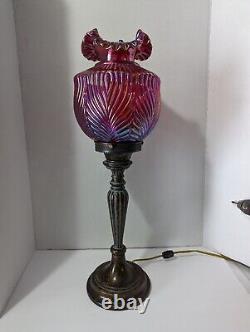 VTG Rare Fenton Ruby Red Carnival Iridescent BEAUTY Art Glass Pillar Lamp