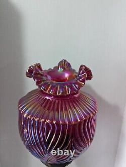 VTG Rare Fenton Ruby Red Carnival Iridescent BEAUTY Art Glass Pillar Lamp